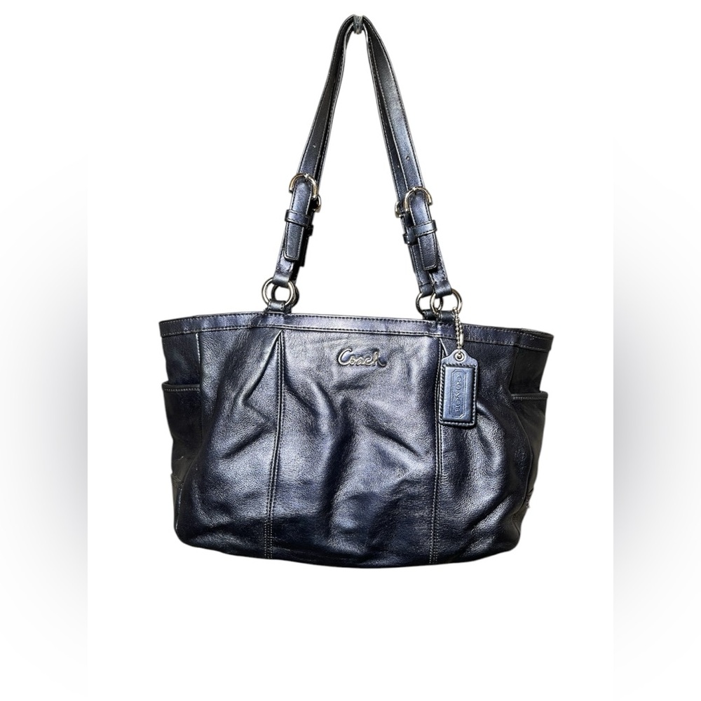 Coach signature jacquard dark blue leather shoulder bag purse